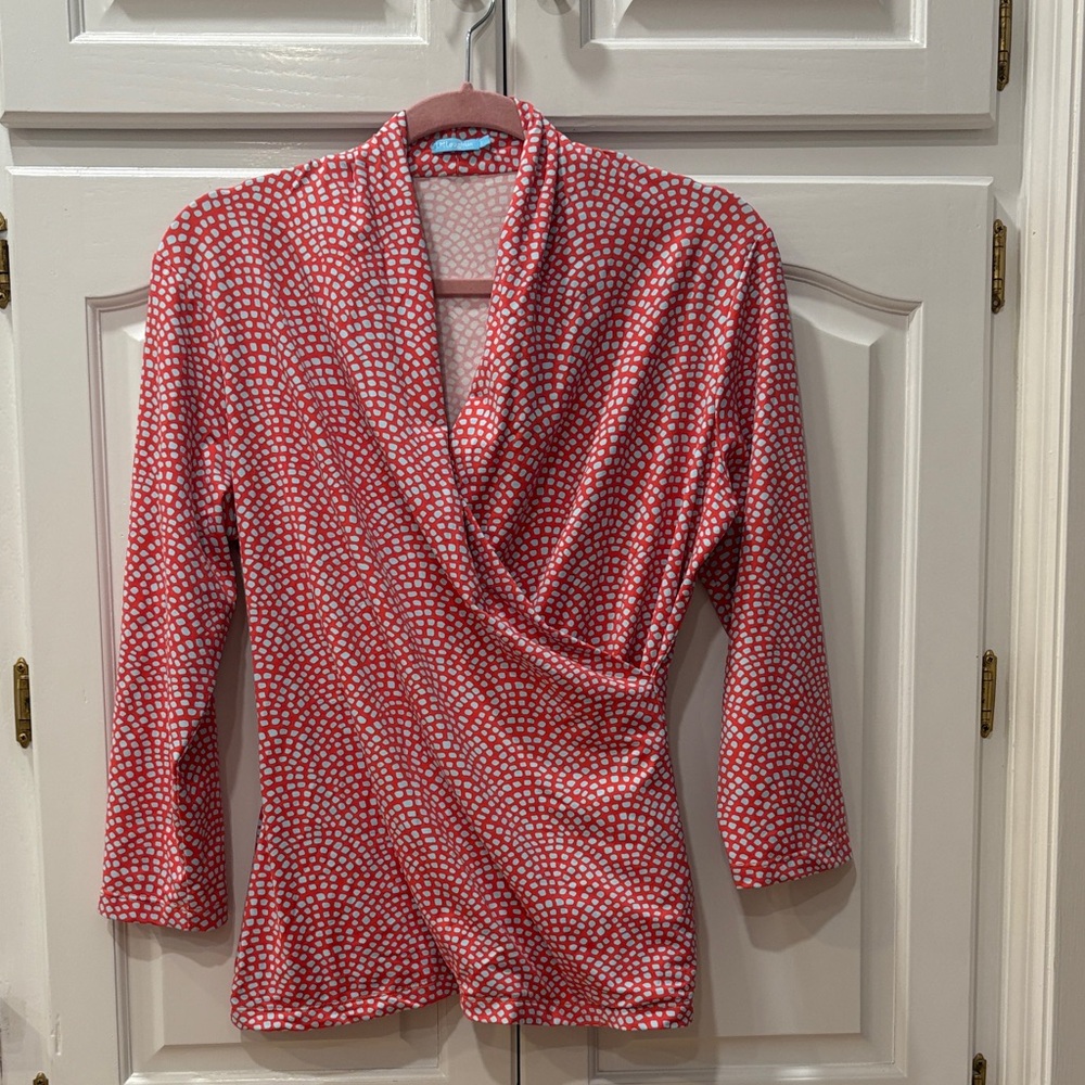J. McLaughlin Coral and Blue Patterned Blouse